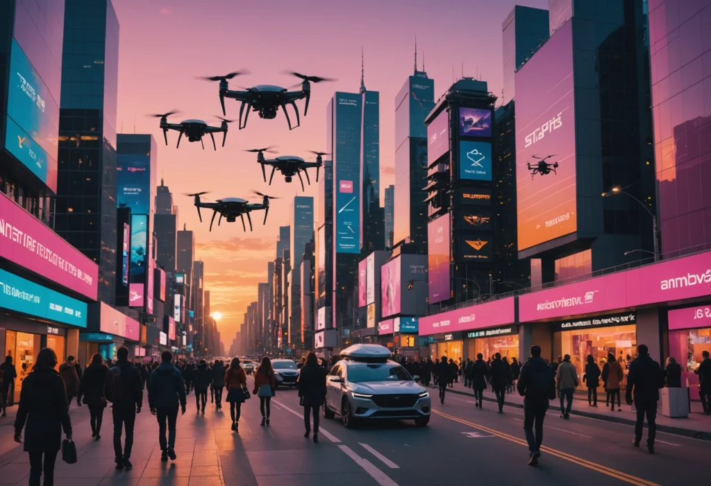Futuristic cityscape at sunset with drones, autonomous vehicles, and smart digital screens.