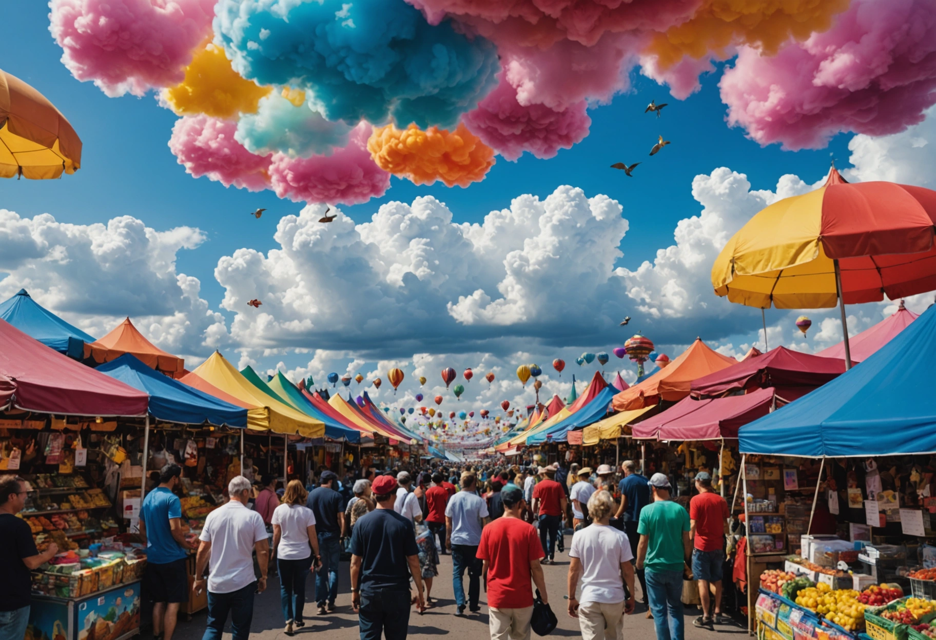 A dramatic close-up of a vibrant, colorful marketplace embedded in a large, floating cloud formation, representing the limitless potential of online commerce. Look down on tiny figures interacting with various digital kiosks. Do not include any text, writing, letters, or words in the image.