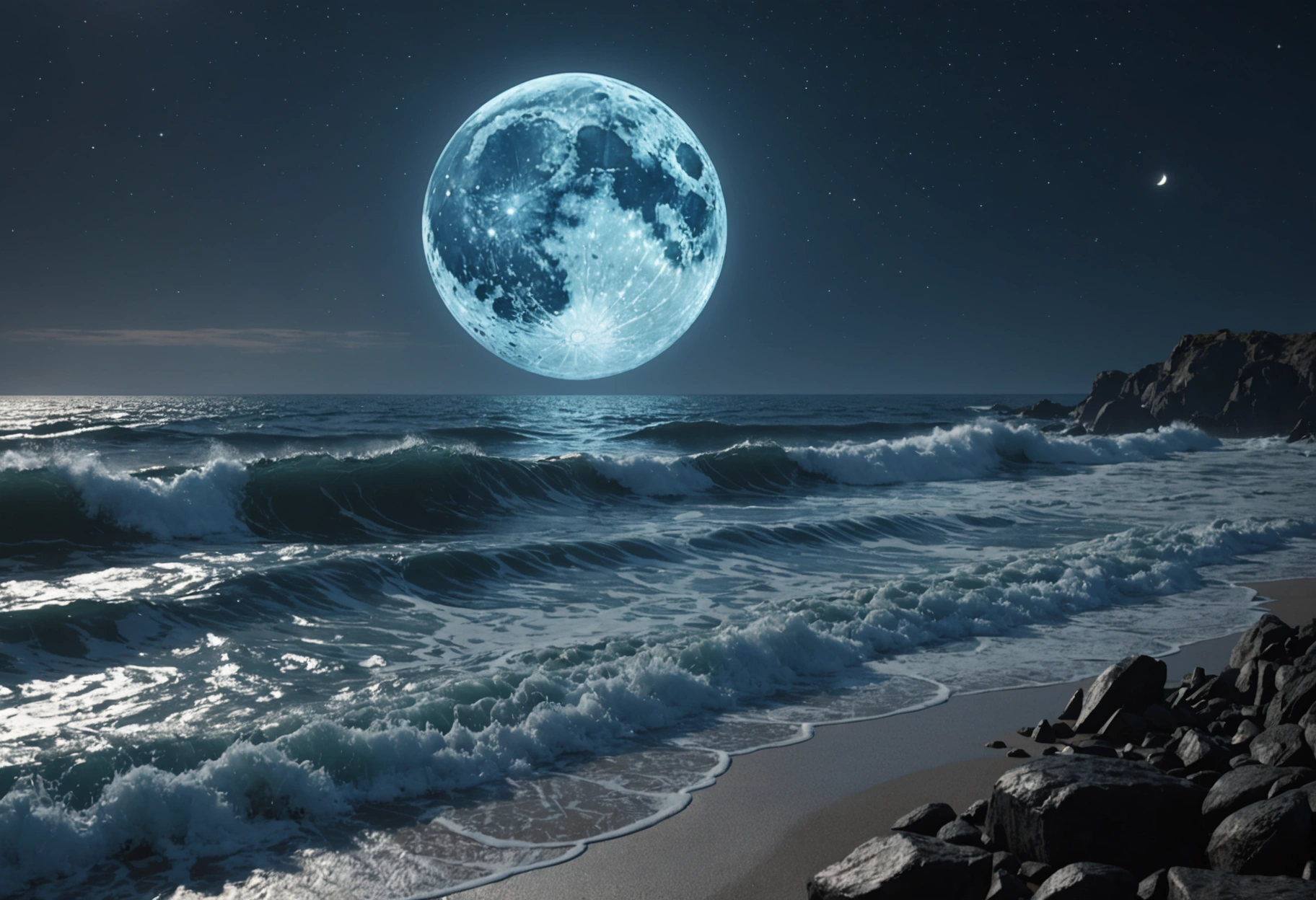 A dramatic ocean scene at night, where the waves are composed of glowing binary code, crashing against a rocky shore. The moon casts a silvery light on