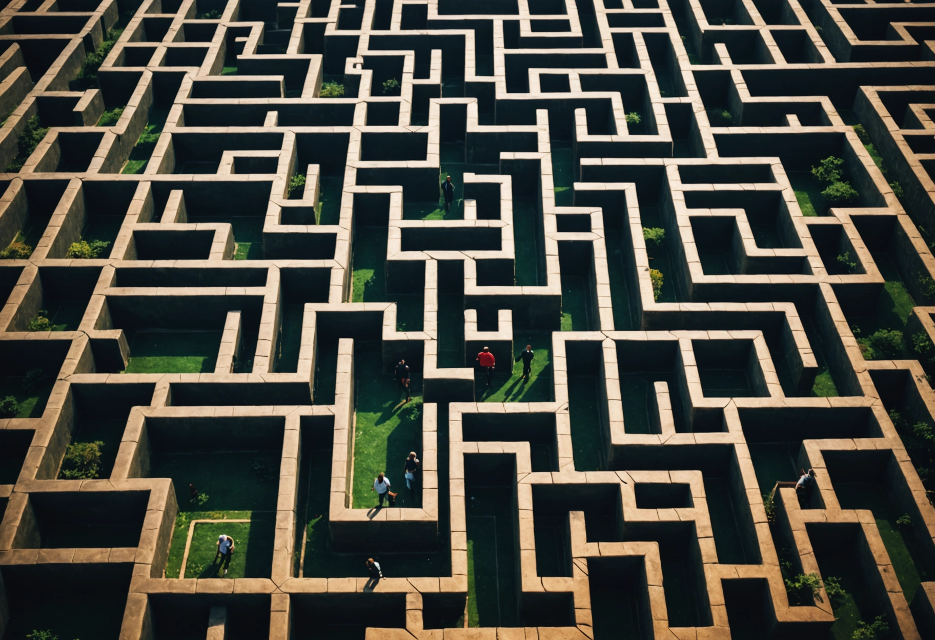 A dramatic, overhead view of a vast maze composed of glowing pathways and shadows, symbolizing the journey of setting clear goals and objectives within a digital marketing strategy, with bright markers highlighting key strategic points. Do not include any text, writing, letters, or words in the image.