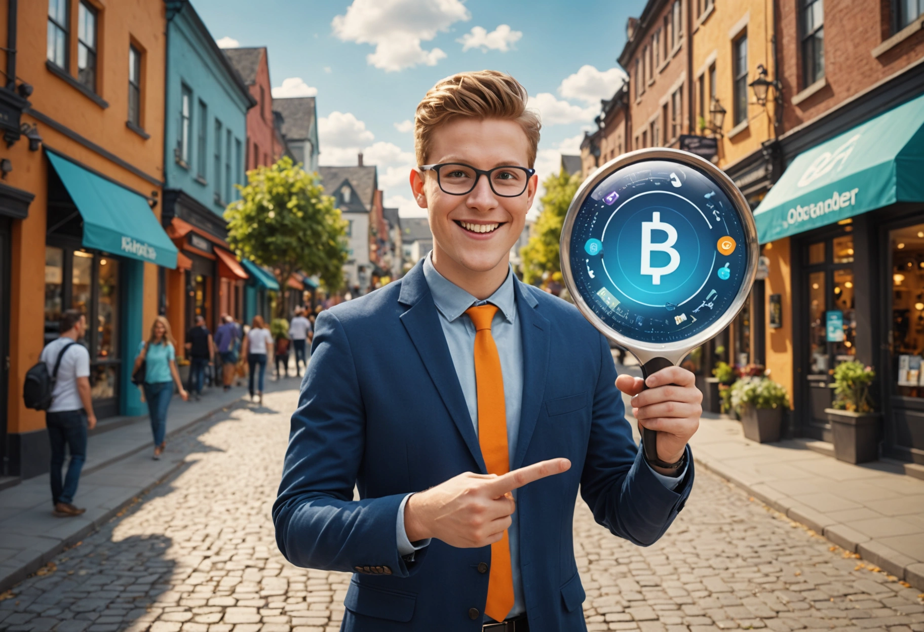 A dynamic and energetic illustration of a smiling young entrepreneur holding a giant magnifying glass, through which a bustling small-town street is magically flourishing with social media icons and interactions. Use bright and energetic colors to convey engagement and activity. Do not include any text, writing, letters, or words in the image.