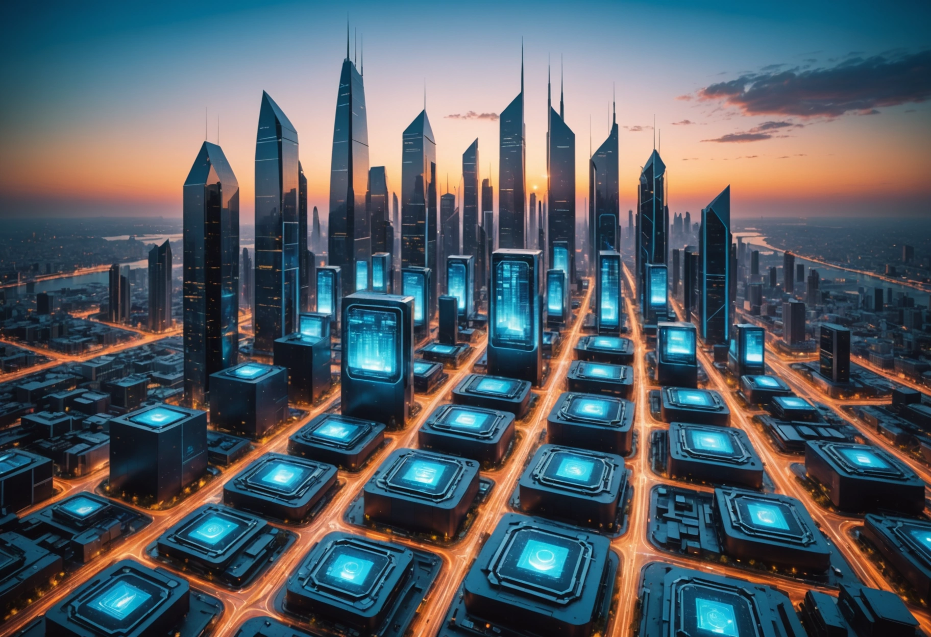Futuristic cityscape at dawn with processor-shaped buildings and holographic displays symbolizing digital growth.