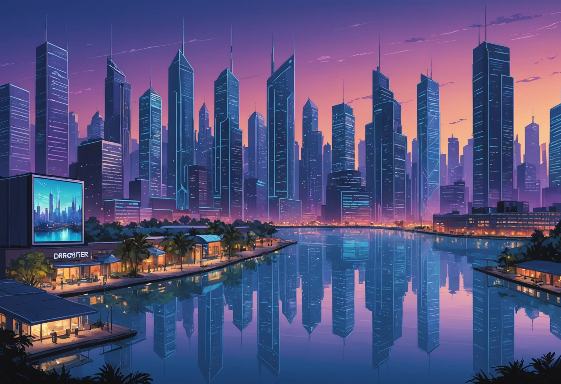 Futuristic cityscape with circuit board skyscrapers glowing in neon blues and purples at dusk.