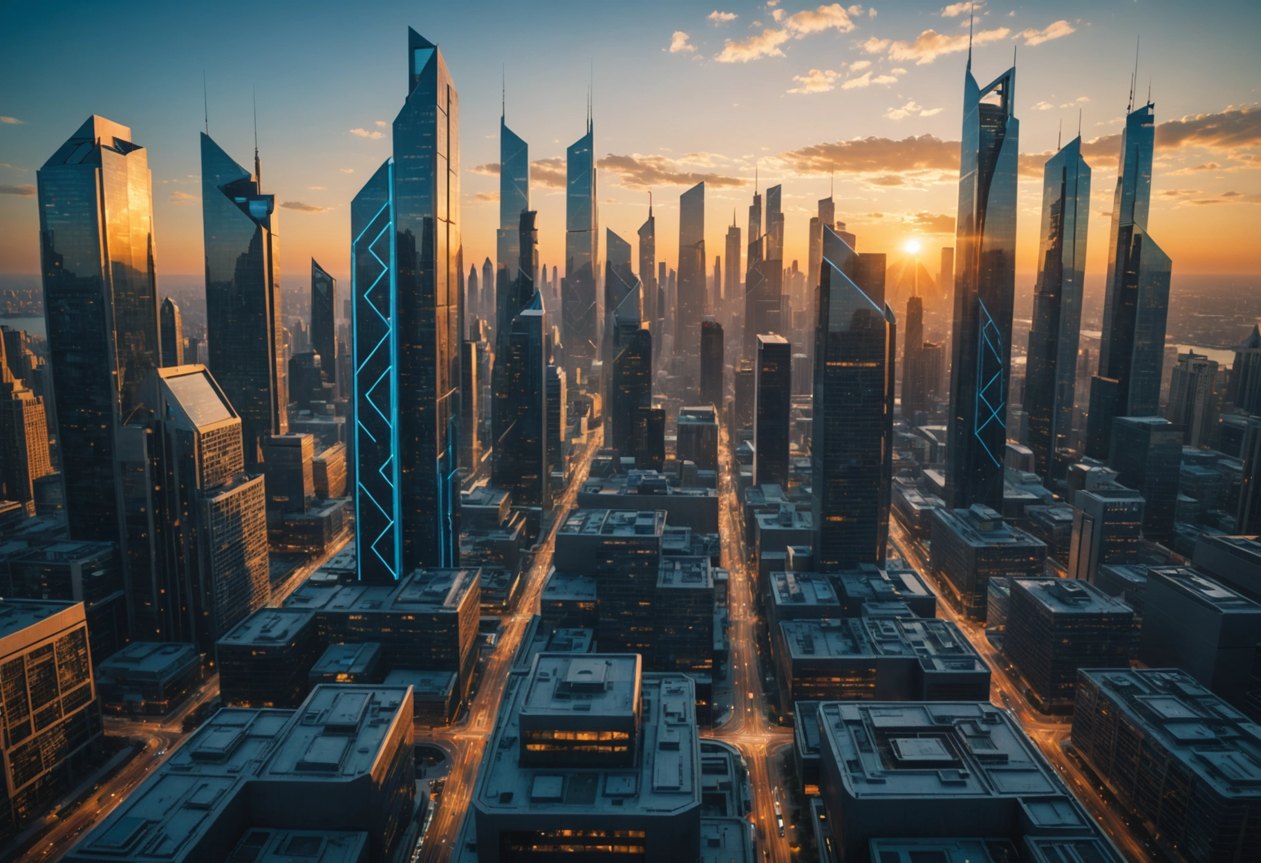 Futuristic cityscape at sunrise with digital data streams above skyscrapers, symbolizing SEO flow.