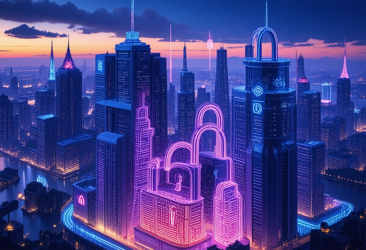 A futuristic cityscape at twilight, with skyscrapers that have bright, multi-colored holographic locks glowing on their surfaces, representing advanced authentication mechanisms. The mood is optimistic and technological. Do not include any text, writing, letters, or words in the image.
