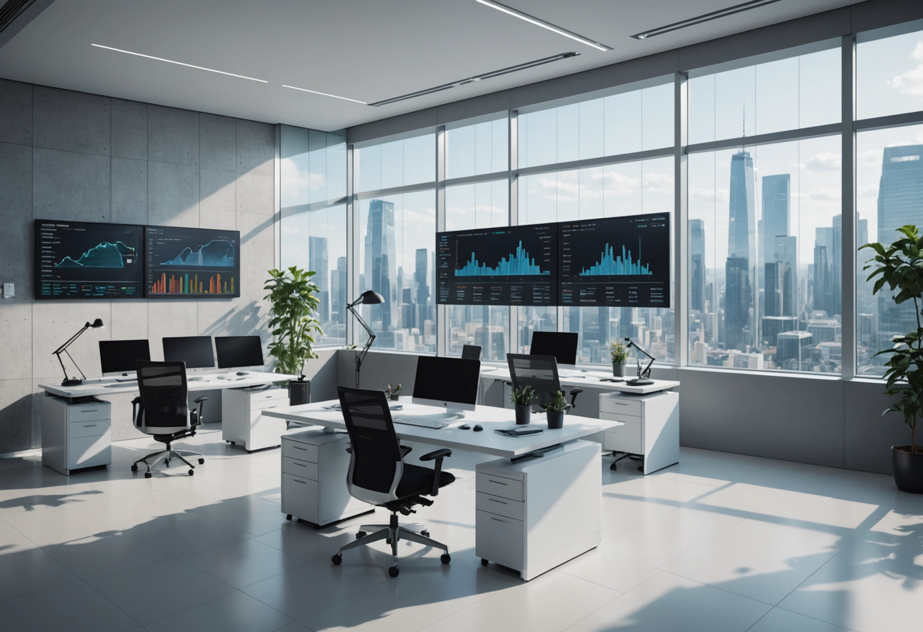 A hyper-realistic digital setup of a futuristic financial hub, with holographic displays showing dynamic market data and analyses in a sleek, minimalist office space. The environment is airy and filled with natural light pouring through large windows, giving an impression of openness and transparency. Do not include any text, writing, letters, or words in the image.