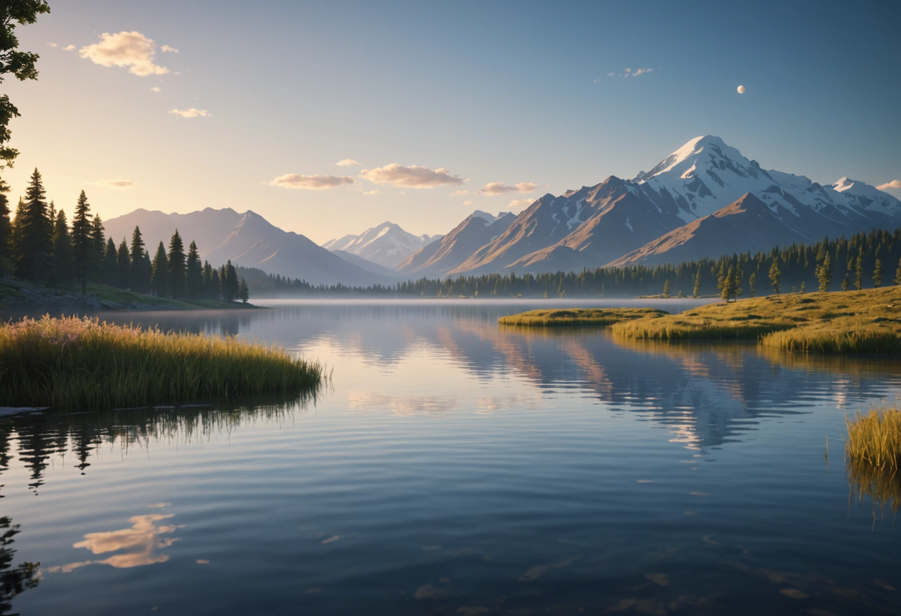 A minimalist, peaceful landscape of a tranquil lake at dusk, where gentle ripples form abstract patterns resembling data flow, symbolizing the calm yet powerful impact of engaging content in digital marketing. Do not include any text, writing, letters, or words in the image.