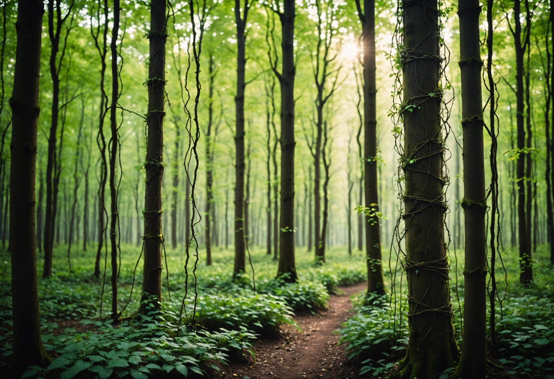 A minimalistic and serene forest scene with delicate vines forming interconnected networks, representing online directories. The colors should be soft pastels, creating a peaceful mood, with the vines gently highlighted by rays of sunlight breaking through the dense canopy. Do not include any text, writing, letters, or words in the image.