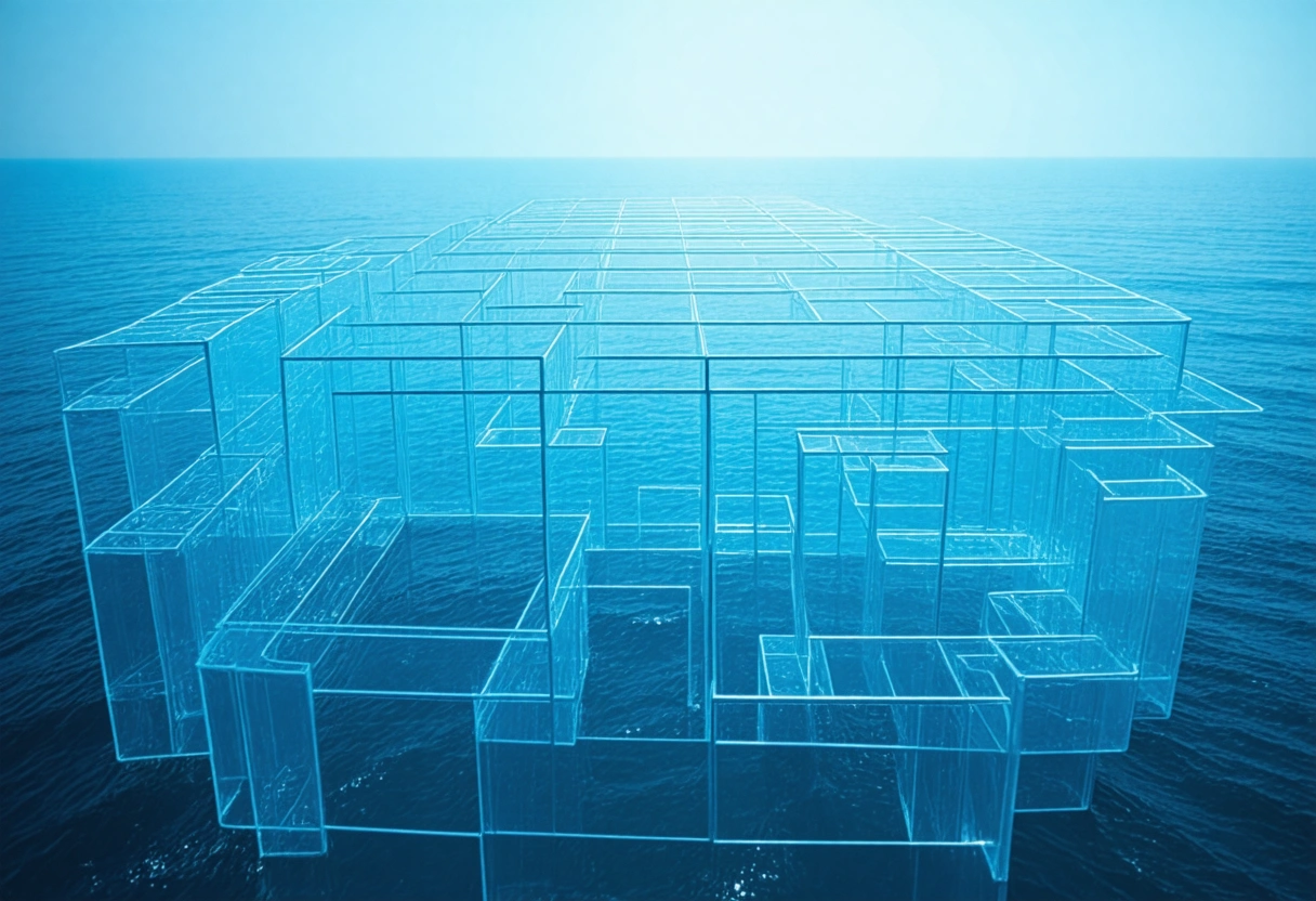 A minimalistic illustration showing a labyrinth of interconnected paths made of transparent glass, hovering above an endless ocean, symbolizing the complexity of website protection strategies in 2025. The mood is calm and contemplative, with soft blues and whites. Do not include any text, writing, letters, or words in the image.