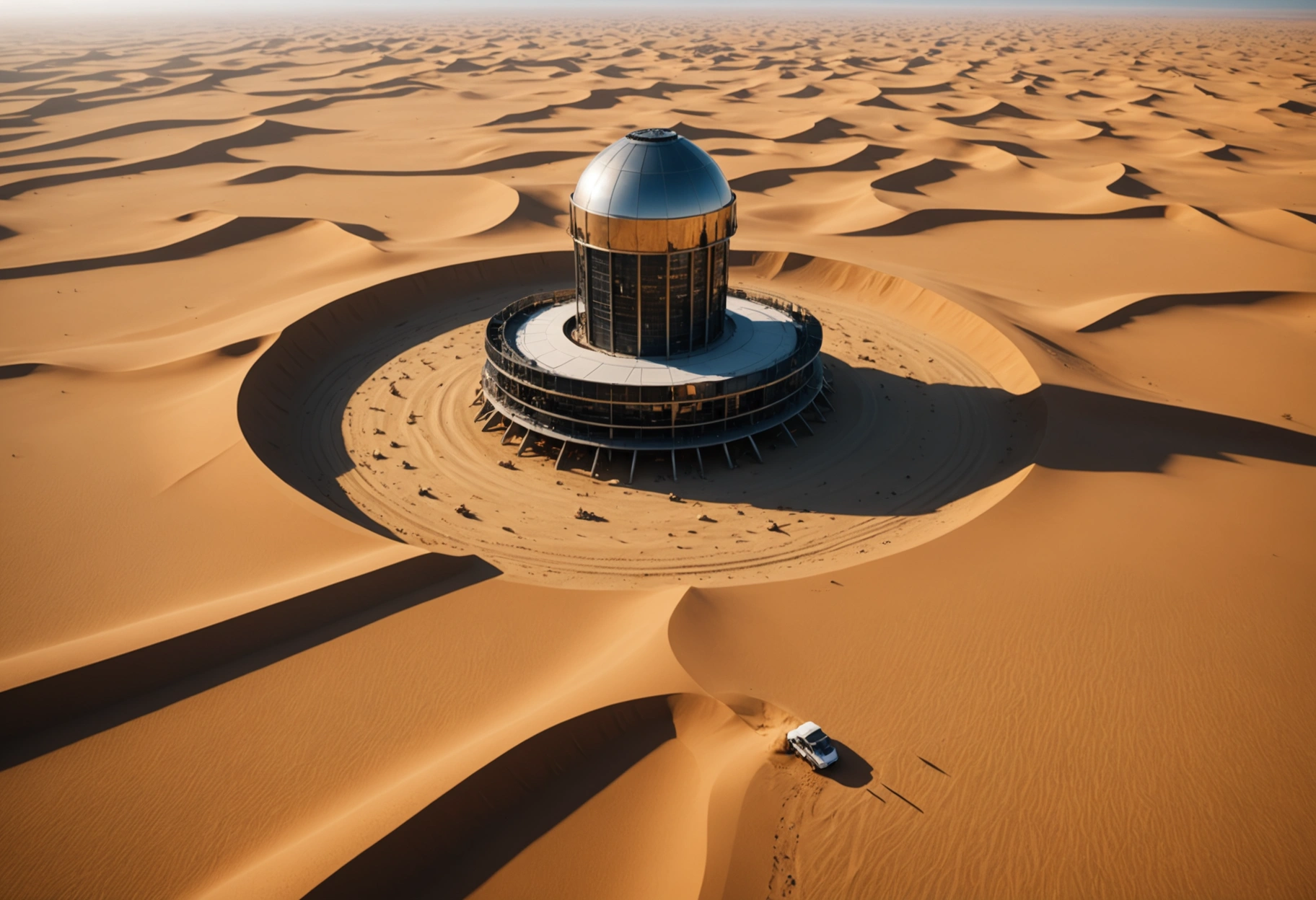 A minimalistic yet dramatic overhead view of a vast, open desert with a single, modern server tower rising from the sands, casting long shadows as the sun sets. The stark contrast between the barren landscape and the sleek technology creates a powerful visual metaphor for foundational web hosting. Do not include any text, writing, letters, or words in the image.