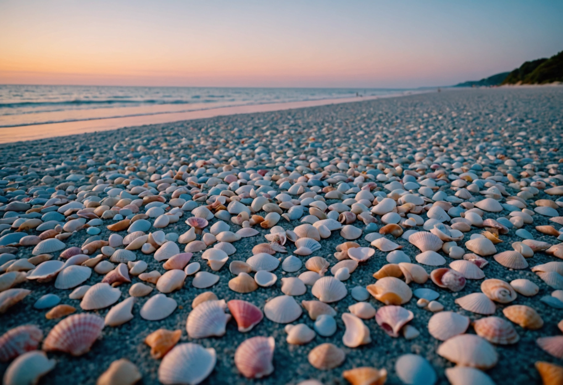 A serene beach at dusk where the shoreline is made up of vast, organized rows of seashells, each representing an aspect of Google My Business profiles. The colors should be a gentle gradient of blues to pinks, evoking a peaceful yet focused atmosphere. Do not include any text, writing, letters, or words in the image.