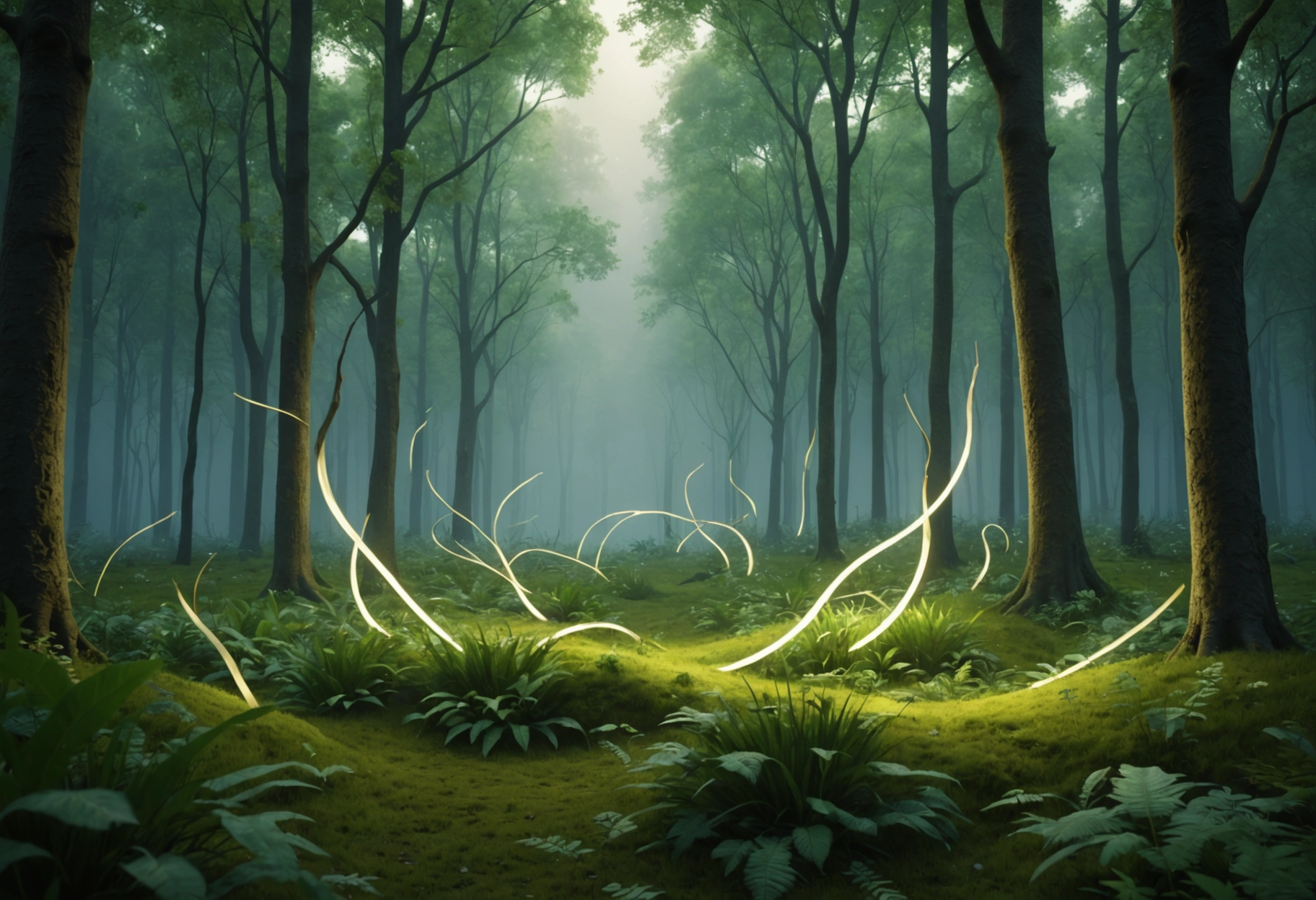 A serene forest glade, where digital data streams in the form of flowing, luminescent ribbons wind their way through the trees like ethereal mist. The scene reflects the integration of technology with natural ecosystems, symbolizing the enhancement of healthcare services through digital transformation. The mood is peaceful and mystical. Do not include any text, writing, letters, or words in the image.