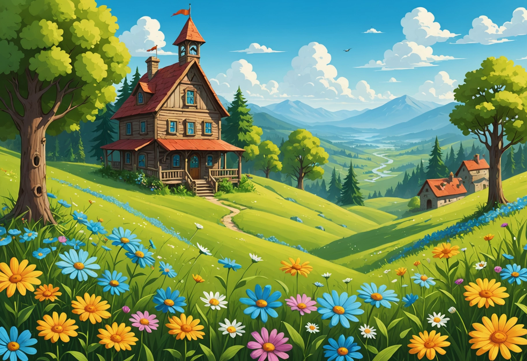 A serene meadow with lush greenery and a clear blue sky, where small, stylized gears organically grow like flowers, representing the harmonious blend of strategy and nature in crafting a digital marketing plan. Do not include any text, writing, letters, or words in the image.