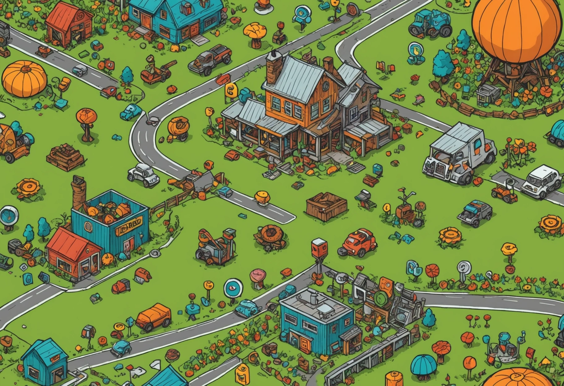 A surreal collage illustrating the concept of local SEO through a patchwork field of vivid, contrasting crops, each section featuring a different symbolic representation of digital marketing elements—like gears, circuits, or social media icons. The perspective should be an aerial view, radiating creativity and innovation. Do not include any text, writing,