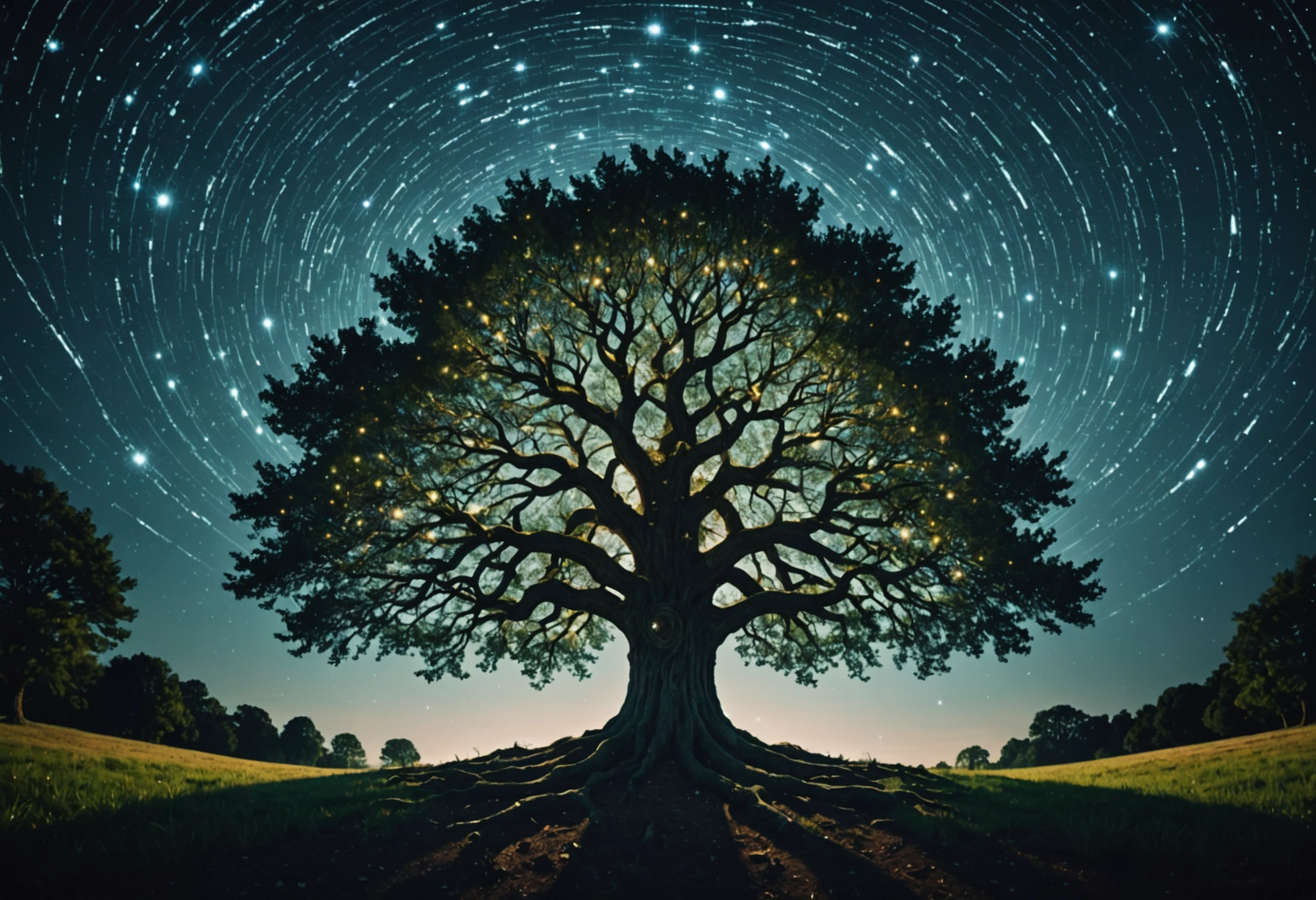 A surreal depiction of a large tree in a starry night environment, its leaves transforming into interconnected computer circuits, highlighting the idea of nurturing and growing an audience through personalized digital experiences. Do not include any text, writing, letters, or words in the image.
