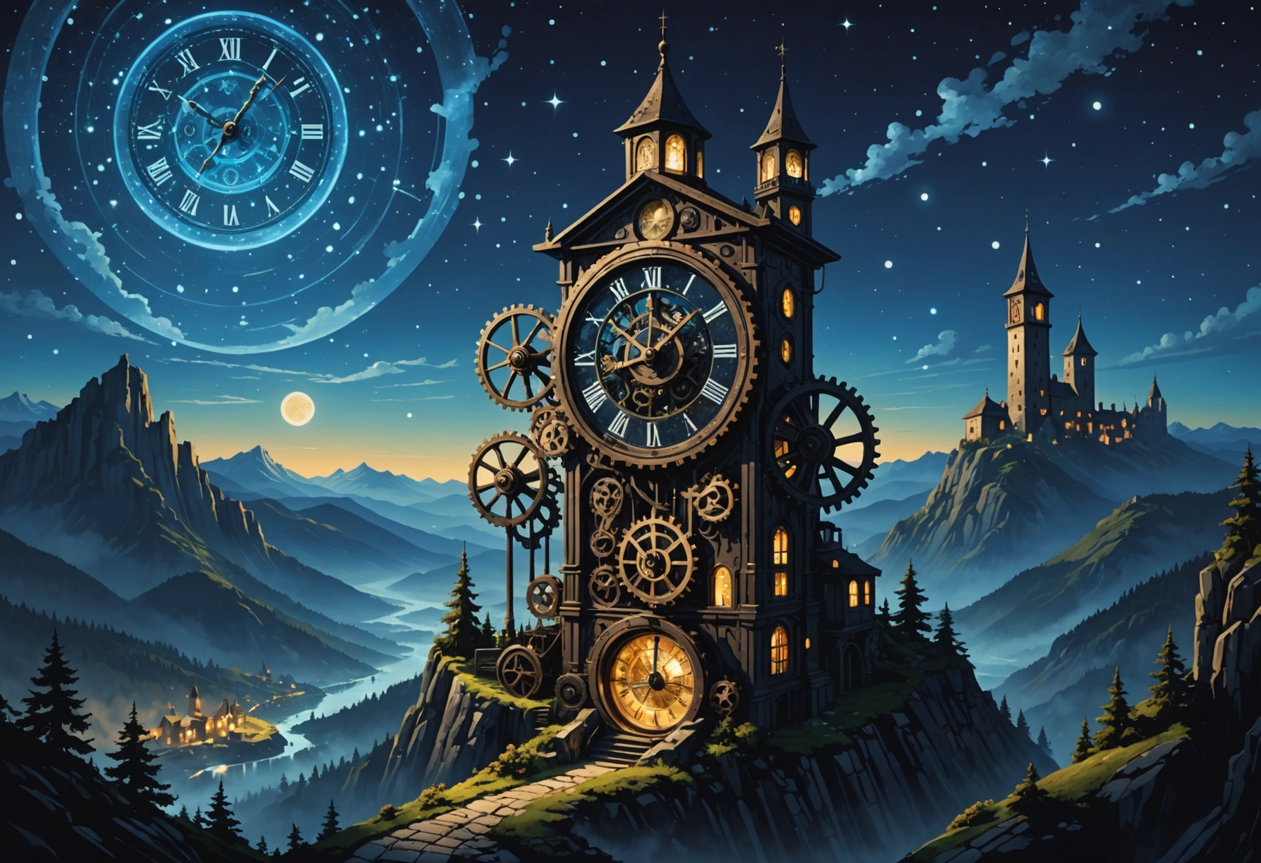 A surreal, dreamlike landscape where giant gears and cogs of a clock tower made of glass are seamlessly integrated into mountains; the gears turn smoothly, symbolizing the optimization of store performance. The scene is set under a starry night sky. Do not include any text, writing, letters, or words in the image.