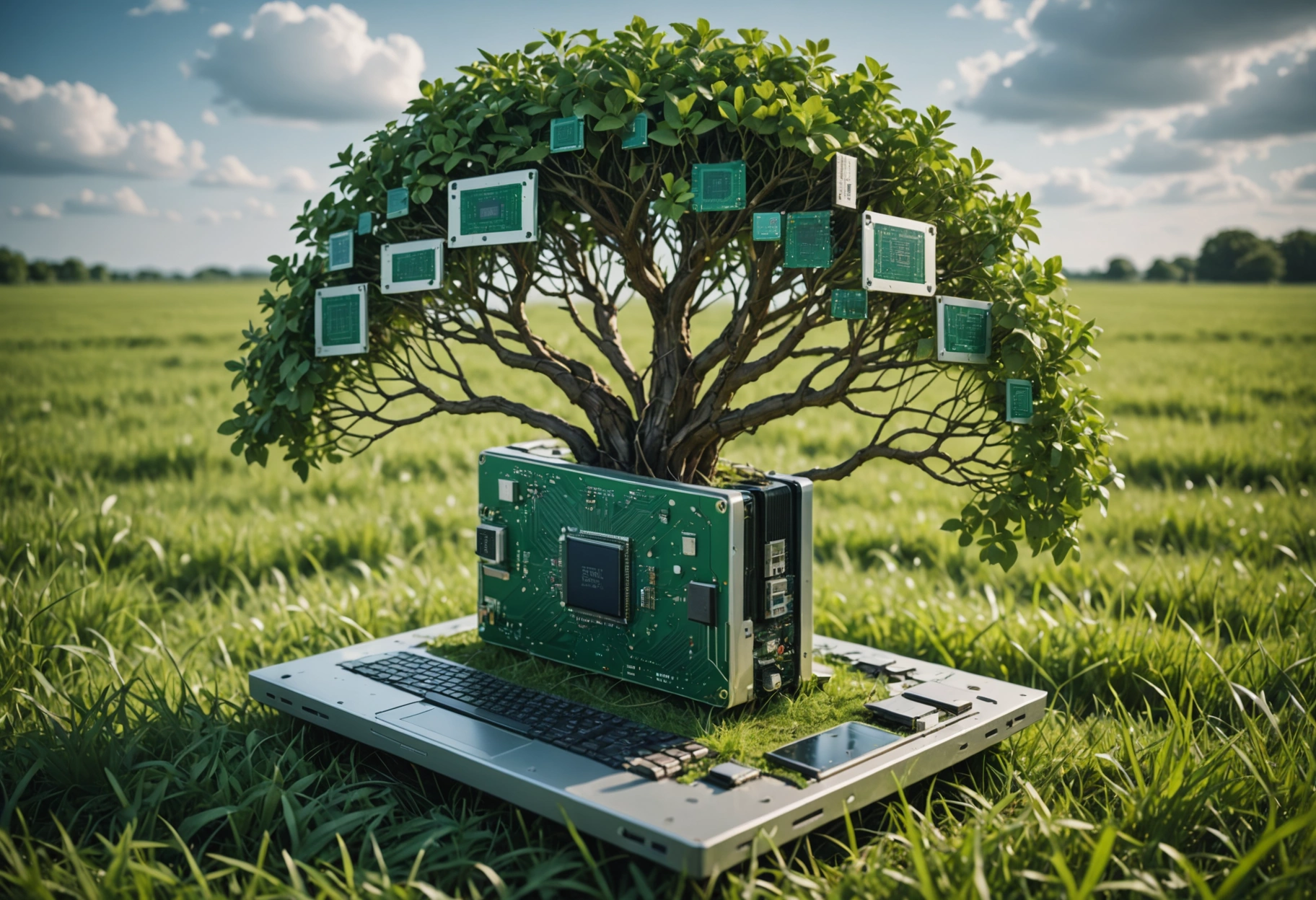 A surreal illustration where a tree is growing out of a computer chip embedded in a grassy field, symbolizing the growth of a brand image through digital means. The tree's branches form intricate patterns that mimic digital circuits, representing connectivity and evolution. The mood is imaginative and hopeful.