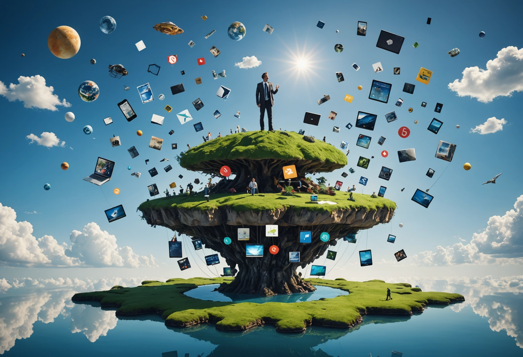A surreal interpretation of an online business ecosystem: a small business owner standing on a floating island in the sky, surrounded by various digital icons and symbols orbiting harmoniously. The scene conveys a sense of empowerment and limitless possibilities. Do not include any text, writing, letters, or words in the image.