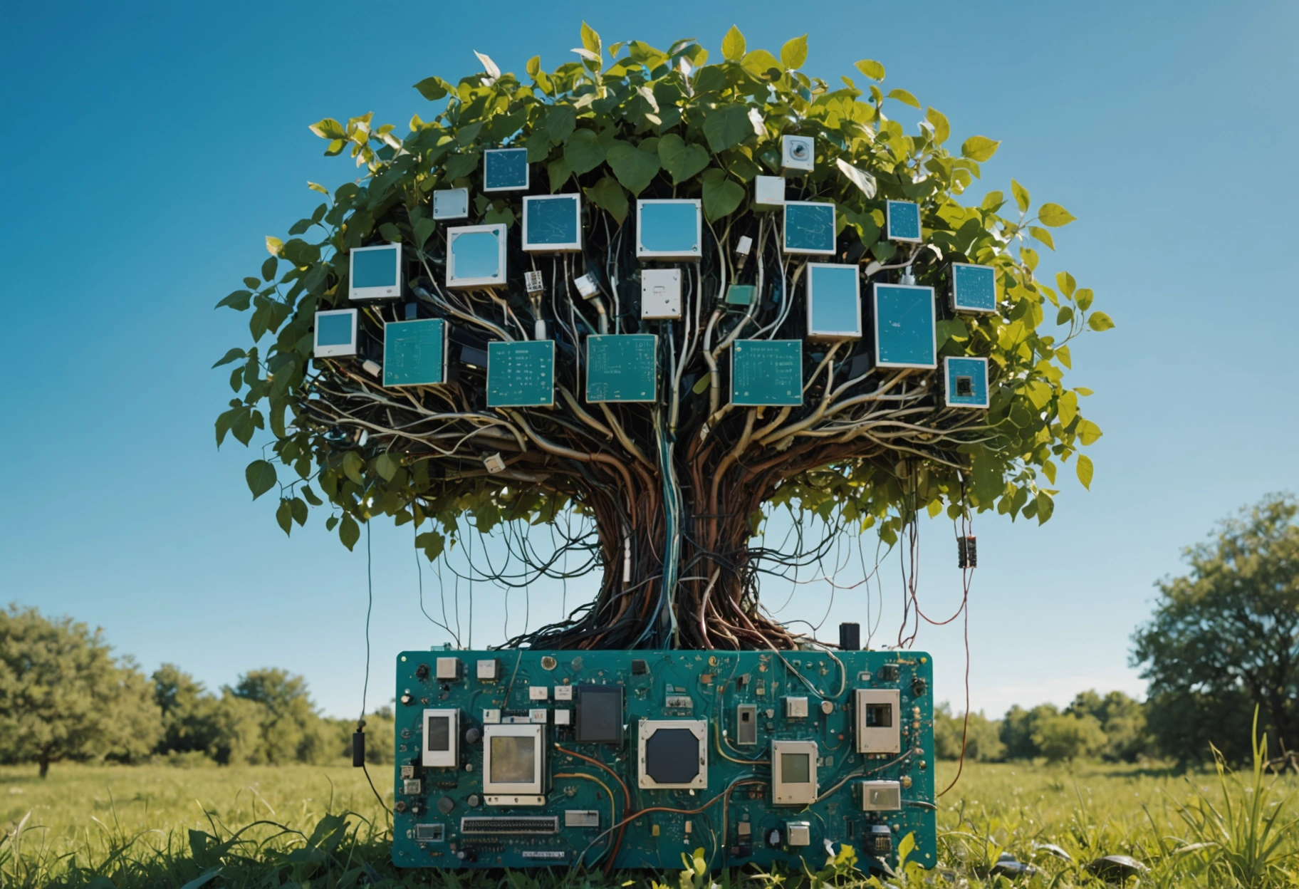 A surreal landscape where trees and plants are made of circuit boards and electronic components, set against a clear blue sky. This symbolizes the deep-rooted relationship between nature and technology, reflecting the concept of digital transformation in a whimsical, imaginative way. The mood is optimistic and imaginative. Do not include any text, writing, letters, or words in the image.