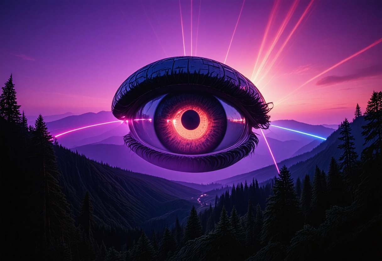 A surreal scene of a giant mechanical eye above a serene valley, scanning the landscape with laser-like beams in various colors, symbolizing the modern threat landscape. The sky is a gradient of deep purples and pinks, creating a dramatic atmosphere. Do not include any text, writing, letters, or words in the image.