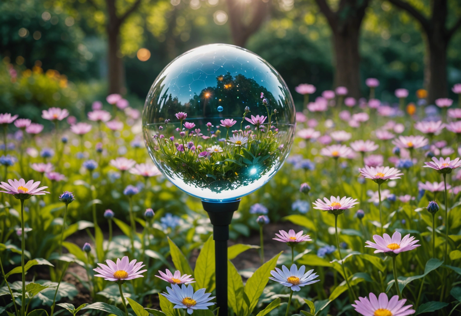 A tranquil, peaceful garden scene where each flower blooms with a small holographic globe representing different web hosting features, such as security, speed, and support, gently spinning in the air. The serenity of the garden contrasts with the advanced technology, symbolizing harmony and personalization.