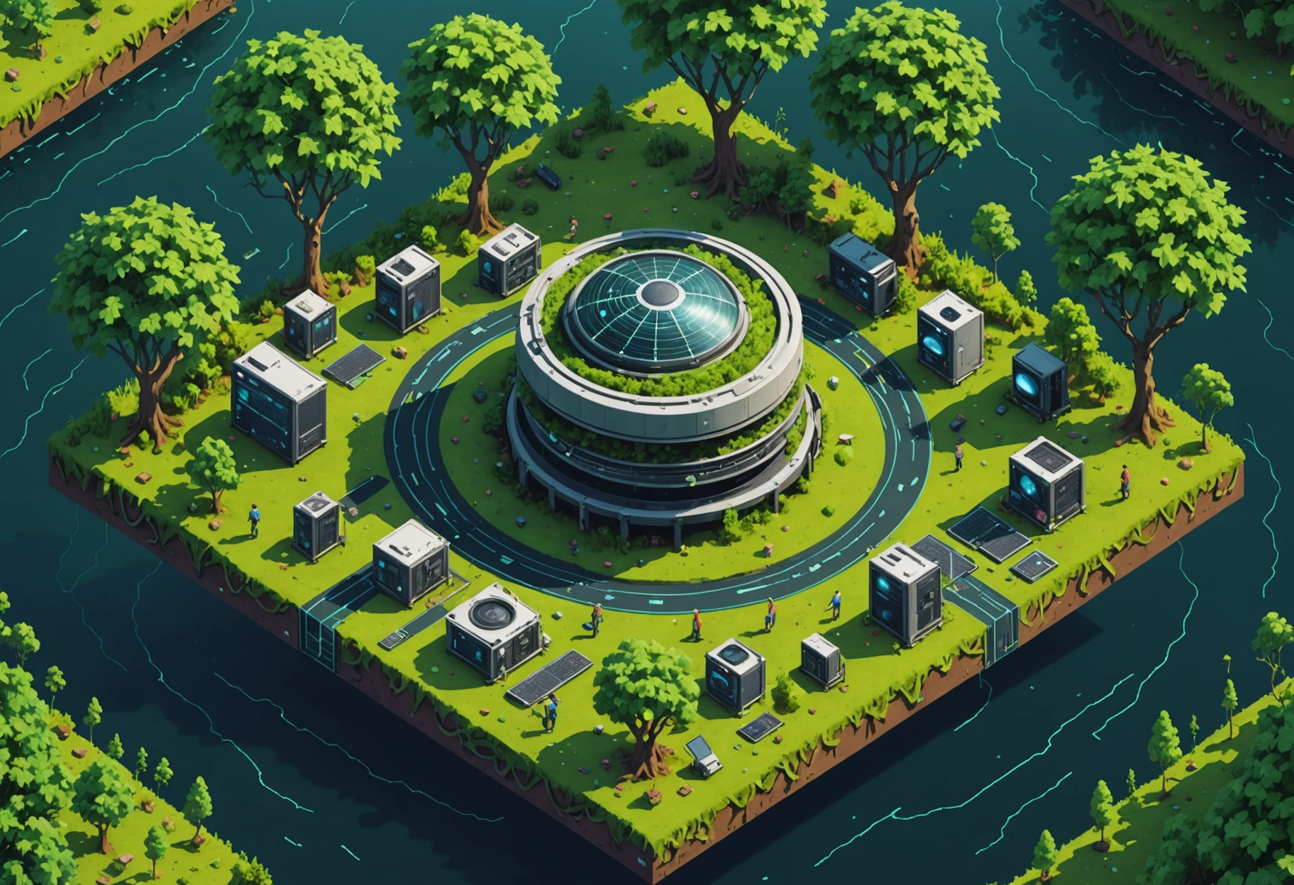 An abstract representation of a web server farm surrounded by lush greenery, with ethereal, floating data streams weaving through the trees like digital vines. The image is presented as a blend of realism and surrealism to depict the seamless integration of technology and the natural world. Do not include any text, writing, letters, or words in the image.
