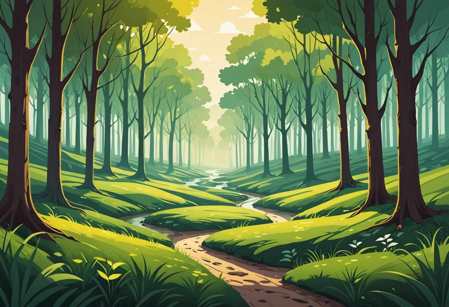 An abstract representation of user experience optimization: a serene natural landscape with smooth, flowing lines of light tracing paths through a dense forest, illustrating ease and efficiency in a metaphorical journey. The light paths signify user-friendly design. Do not include any text, writing, letters, or words in the image.