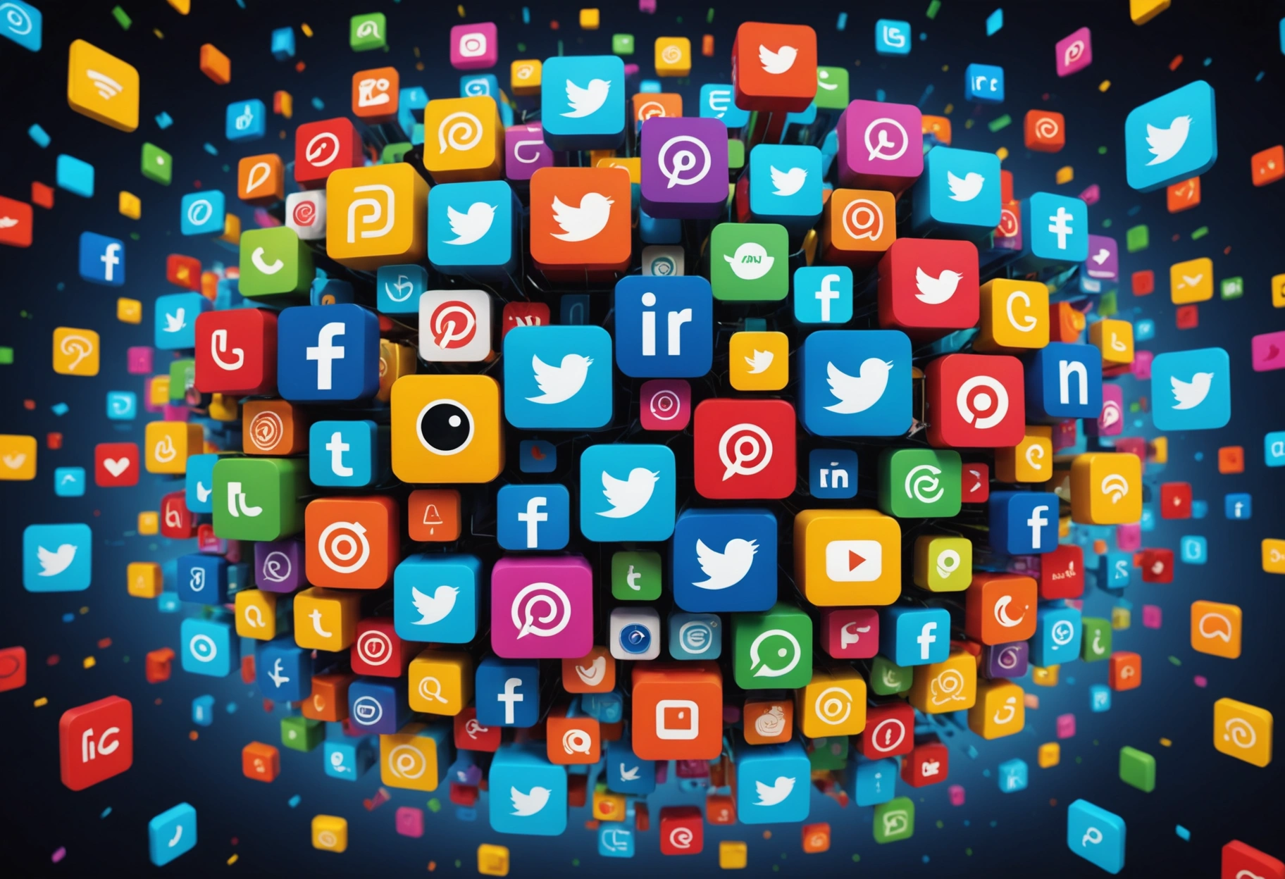 An energetic, colorful collage of various social media app icons floating in a 3D space, interacting with each other to create an ever-evolving shape, embodying the dynamic and multifaceted nature of choosing the right digital platforms. Do not include any text, writing, letters, or words in the image.