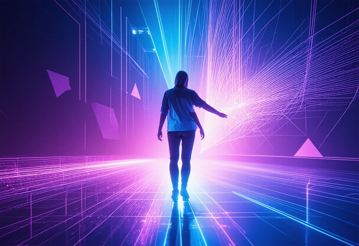 An energetic dance of abstract geometric shapes in a cybernetic space, with pulsing lights and dynamic motion lines in a palette of electric pastels, symbolizing the proactive measures taken to secure digital spaces. The image exudes a feeling of action and innovation. Do not include any text, writing, letters, or words in the image.