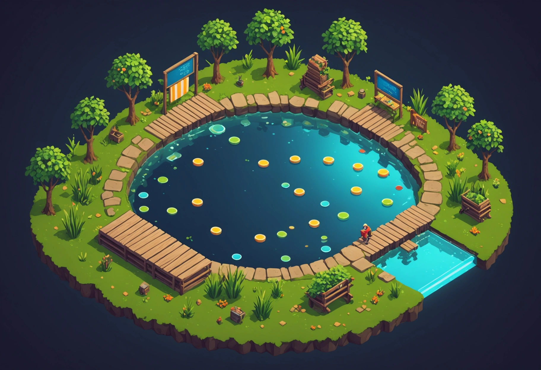 An energetic visualization of the checkout process as a series of illuminated stepping stones across a gentle river, surrounded by lush greenery and glowing digital icons; each stone signifies a stage in the checkout journey. Do not include any text, writing, letters, or words in the image.