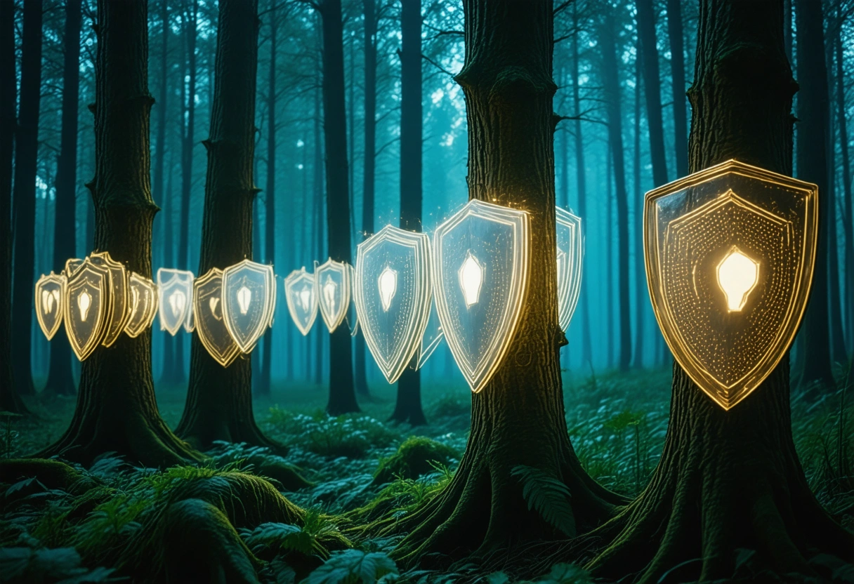 Ethereal digital forest with glowing trees and shimmering light shields in green and gold.