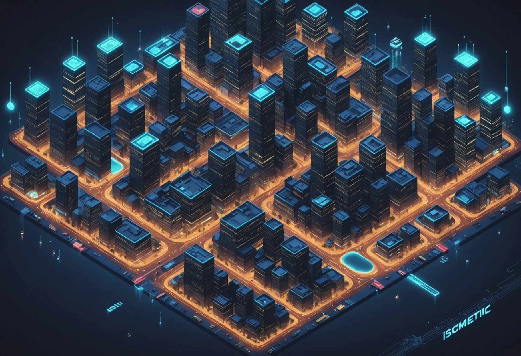 Futuristic digital cityscape at dawn with glowing data streams and skyscrapers.
