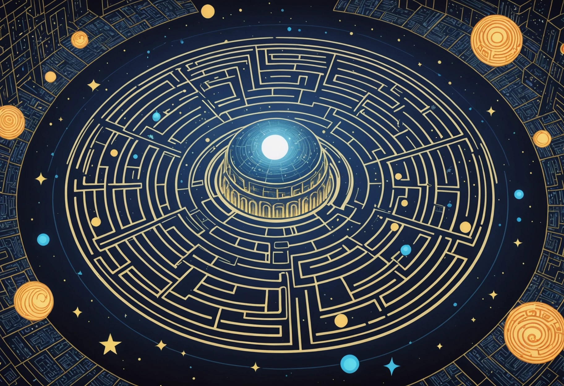 Create a symbolic illustration of an architecturally detailed labyrinth surrounded by gently glowing orbs, signifying the intricacy and depth of website architecture. Each path within the labyrinth leads to different technological symbols, under a starry night sky. Do not include any text, writing, letters, or words in the image.