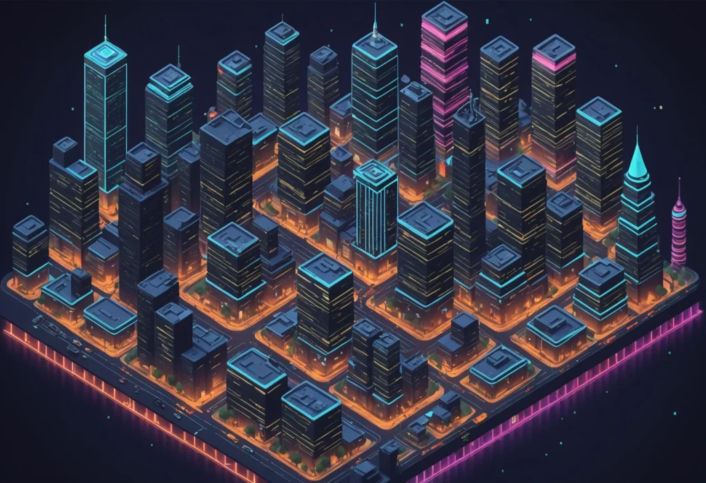 Futuristic cityscape with buildings symbolizing programming languages, illuminated by cascading binary code.