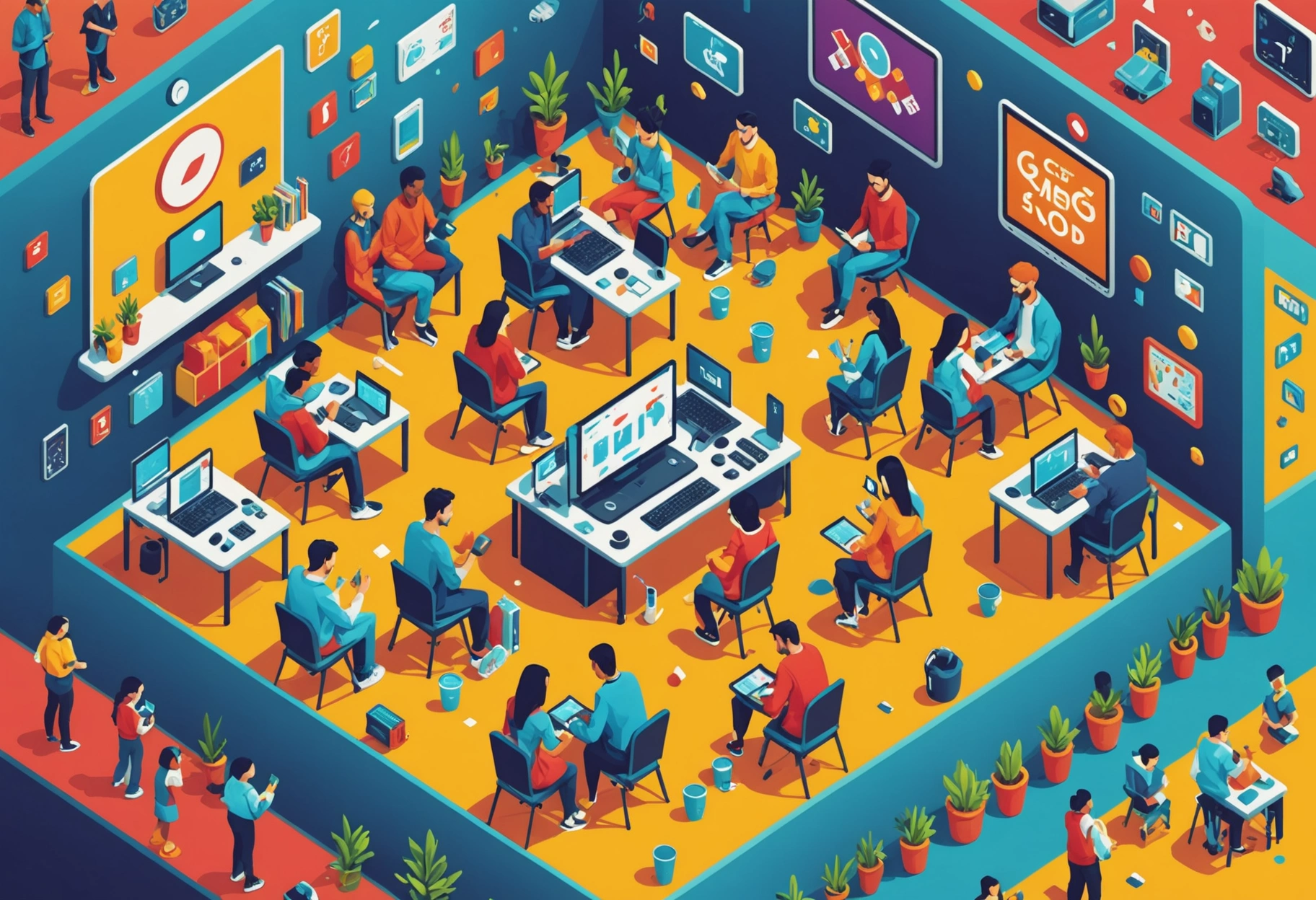 Create an energetic and interactive image of diverse people participating in a live social media session, using devices, asking questions, and reacting, set in a lively and colorful environment that conveys engagement and connection.