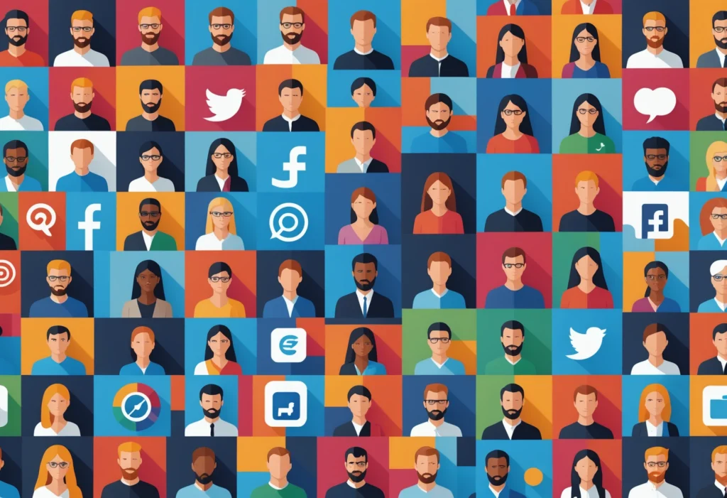 "Vibrant collage of social media icons with diverse user avatars on a digital landscape."