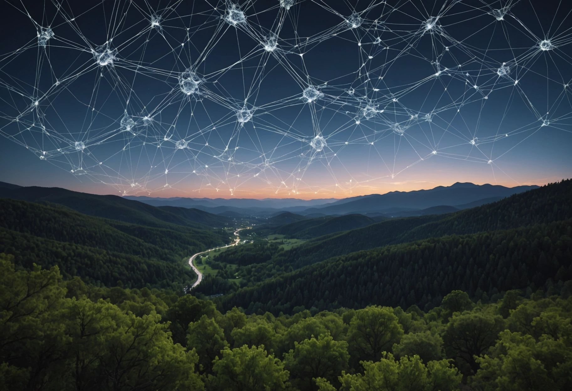 Design a serene natural landscape overlaid with a complex network of glowing neural pathways, representing the interconnected nature of back-end systems. The network gently illuminates the surrounding trees and mountains under a twilight sky. Do not include any text, writing, letters, or words in the image.