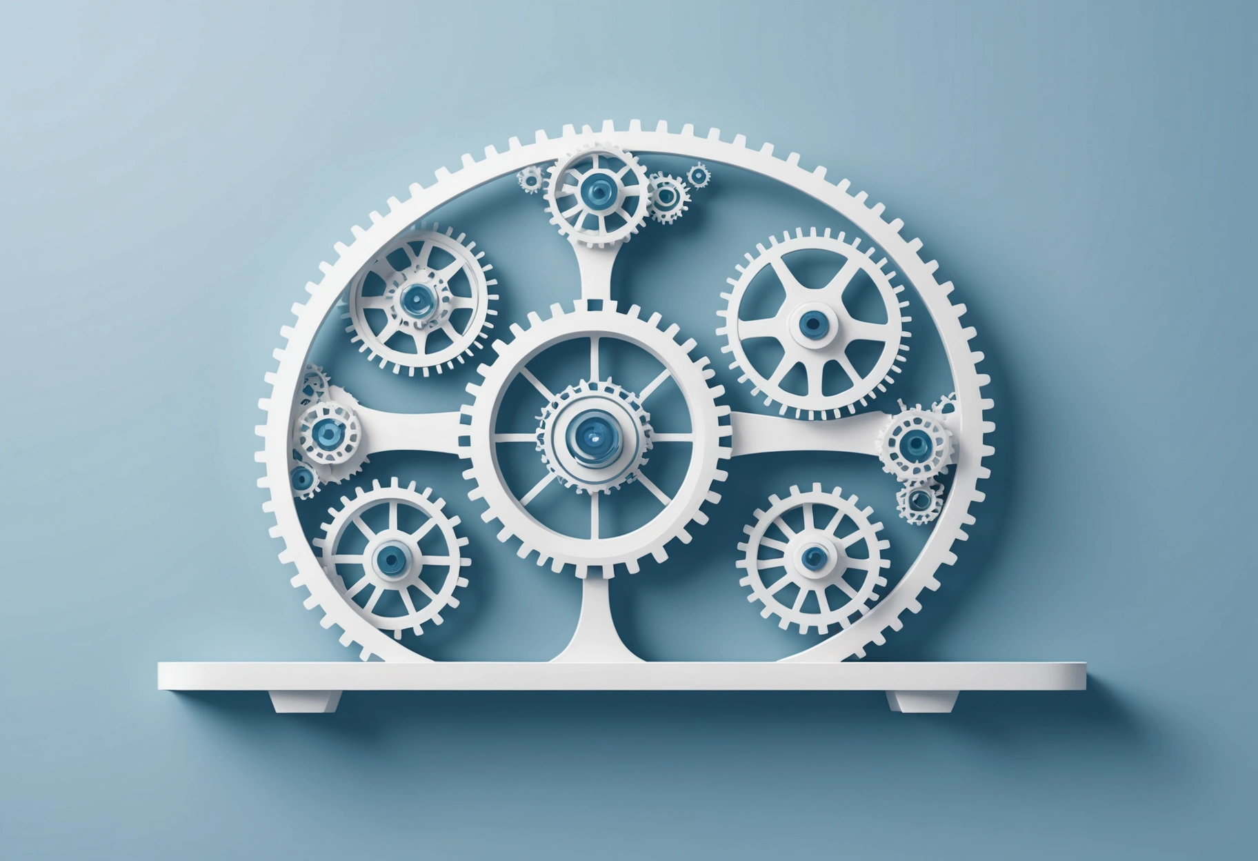 Generate a minimalist and peaceful depiction of a perfectly balanced scale, where each side is filled with intricate gears and digital components, representing scalability and performance optimization in back-end development. The background is a soft gradient of calming blues and whites. Do not include any text, writing, letters, or words in the image.