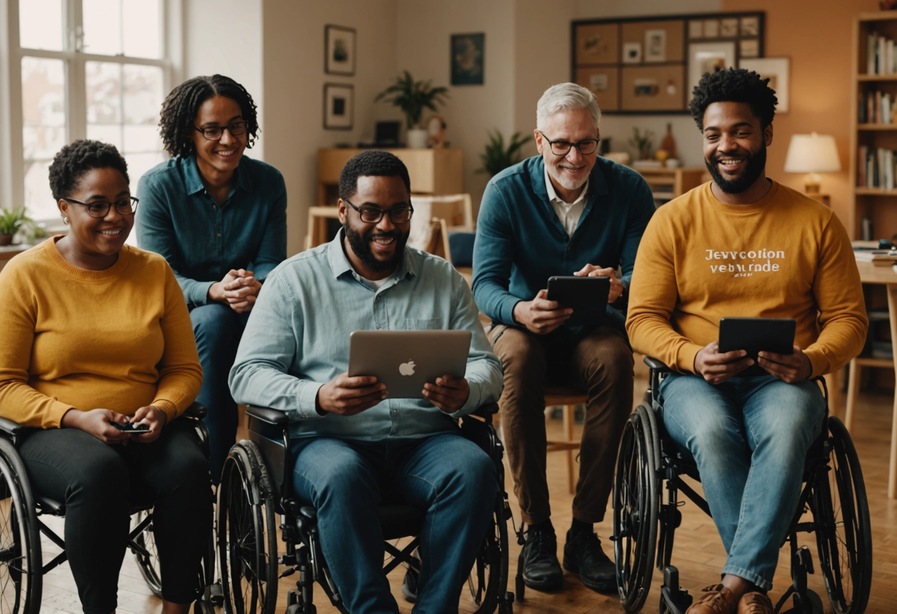 Illustrate a diverse group of people, including individuals with disabilities, engaging with a highly accessible and user-friendly website on various devices; showcase the ethical commitment to inclusivity with a warm and welcoming color palette.