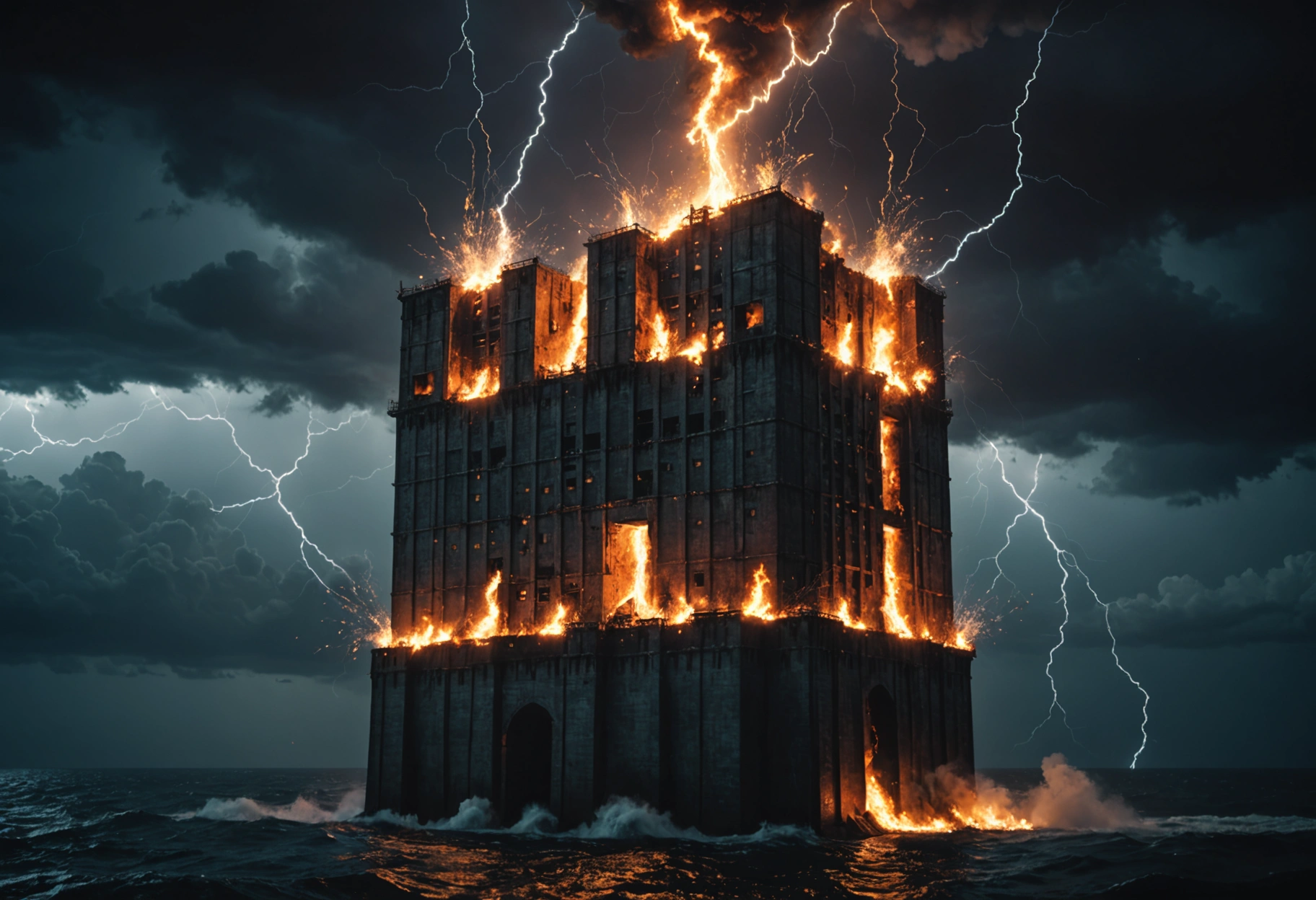 Illustrate a dramatic, surreal scene in which abstract, towering firewall structures protect a digital kingdom within a vast, dark ocean. Lightning streaks across the sky, symbolizing potential security breaches being neutralized. Do not include any text, writing, letters, or words in the image.