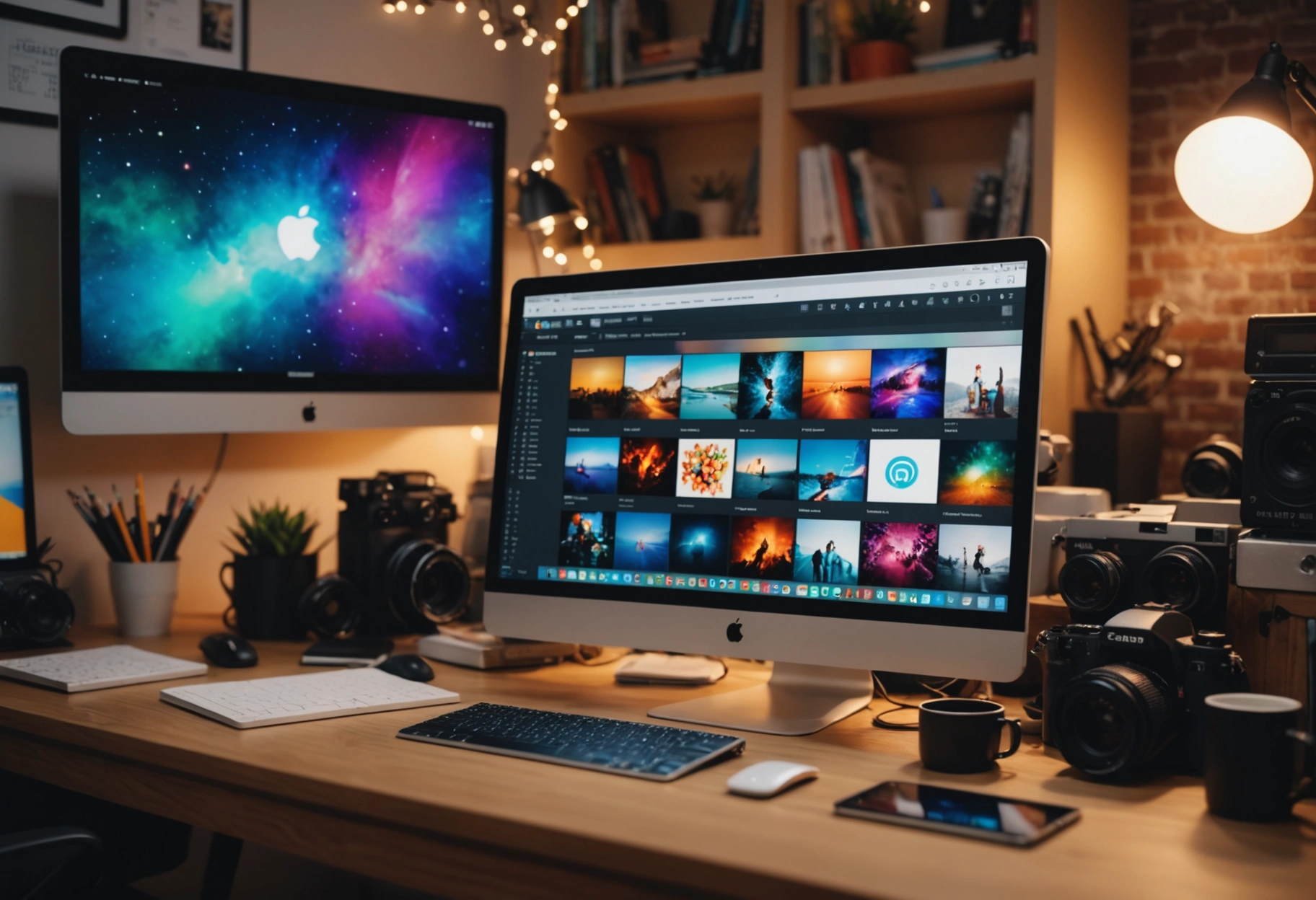 Illustrate a dynamic workspace scene with a desktop displaying a social media feed, filled with diverse content types such as videos, infographics, and blog posts, with creative tools scattered around, in a colorful and engaging setting.