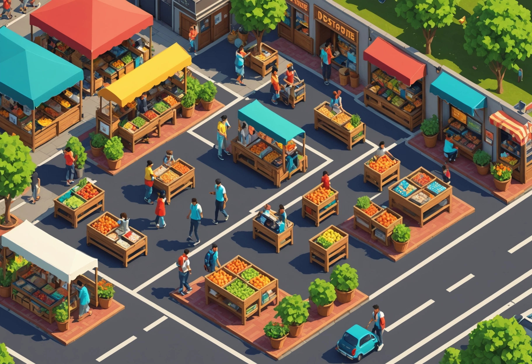 **Interactive and Engaging Features**: Imagine a lively outdoor urban market where a diverse group of people are interacting with AR devices. The scene includes virtual elements like floating product displays and info tags, seamlessly blending with the physical world. The mood is energetic and vibrant, with a rich, earthy color scheme. Do not include any text, writing, letters, or words in the image.