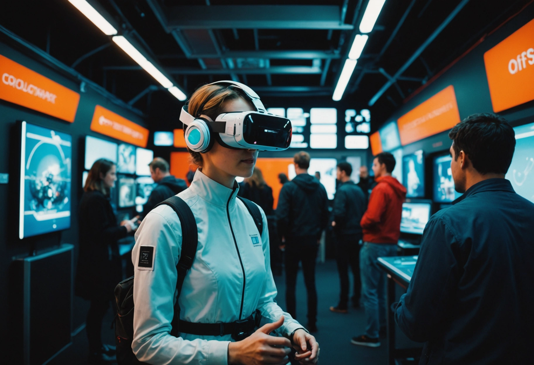 Present a futuristic web design environment incorporating AI-driven chatbots and immersive VR experiences; use vibrant, cutting-edge graphics to show users interacting with these technologies, creating memorable and engaging brand impressions.