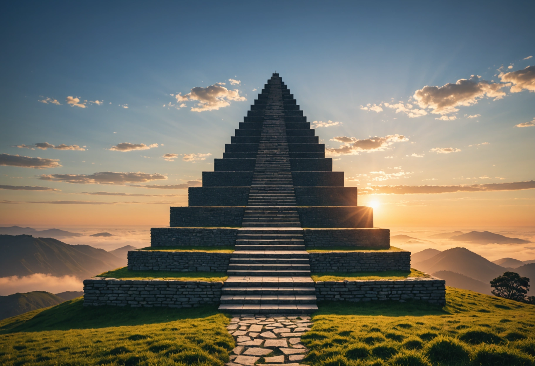 **Search Engine Optimization (SEO) Best Practices**: Depict a symbolic landscape where a series of ascending staircases, made of digital code, lead to a towering summit representing peak online visibility. The scene is set with dawn light breaking through, symbolizing growth and exploration. The atmosphere is optimistic and hopeful. Do not include any text, writing, letters, or words in the image.