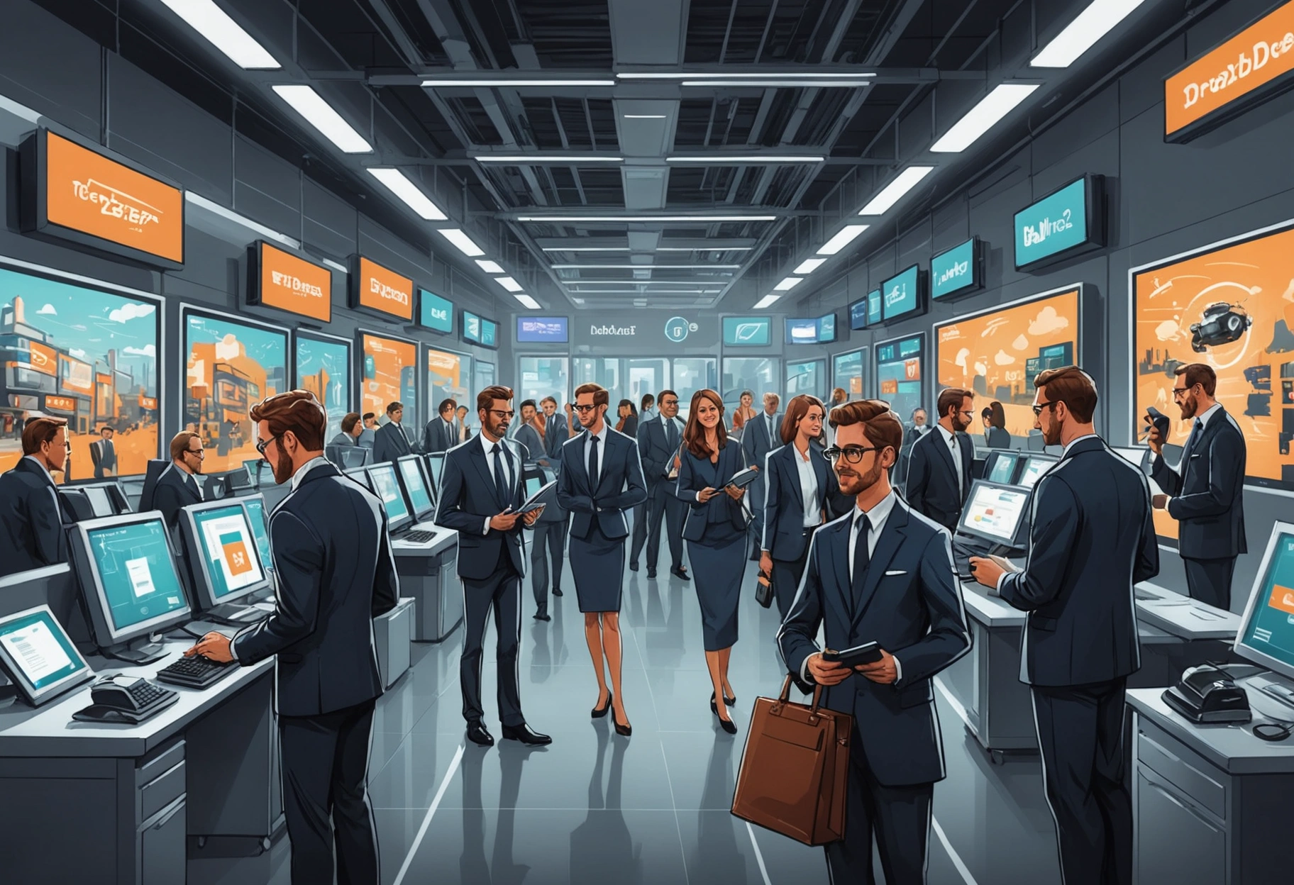 Show a futuristic, bustling digital marketplace scene with businesspeople navigating through innovative interfaces and platforms, symbolizing the evolution and growth of businesses adapting to new social media trends, in a modern and inspiring style.