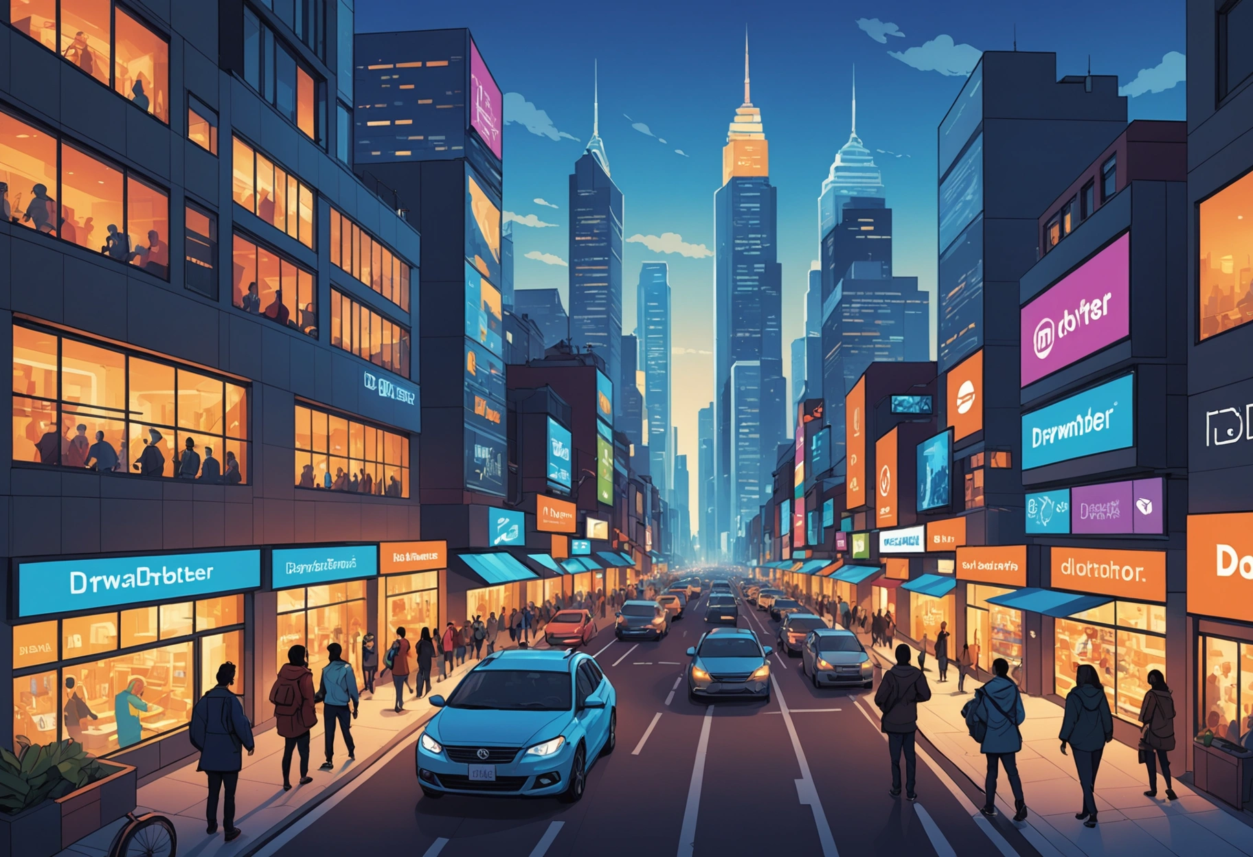 Futuristic cityscape at dusk with holographic interfaces and vibrant human-centered design elements.