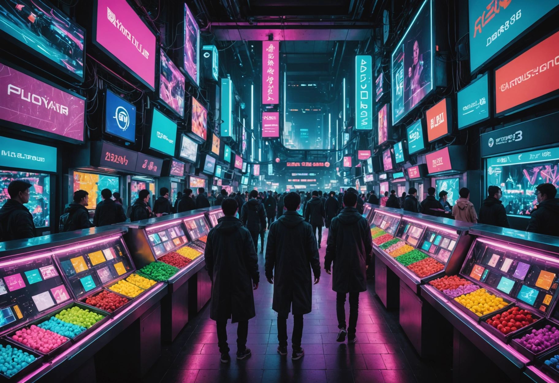 Visualize a bustling futuristic market where various virtual avatars, each representing a back-end technology, interact and trade glowing data crystals. The scene is energetic, with a cyberpunk aesthetic of vibrant neon colors amidst towering holographic displays. Do not include any text, writing, letters, or words in the image.