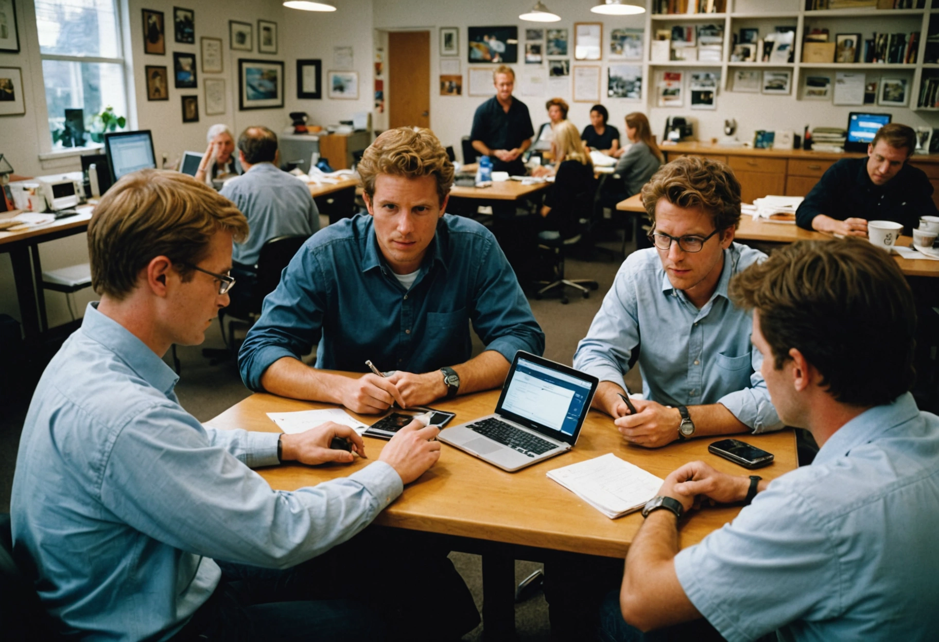 Visualize a forward-looking, strategic planning session with small business owners collaborating over digital devices, surrounded by innovative digital tools, symbolizing their growth and adaptability in the ever-evolving social media landscape.
