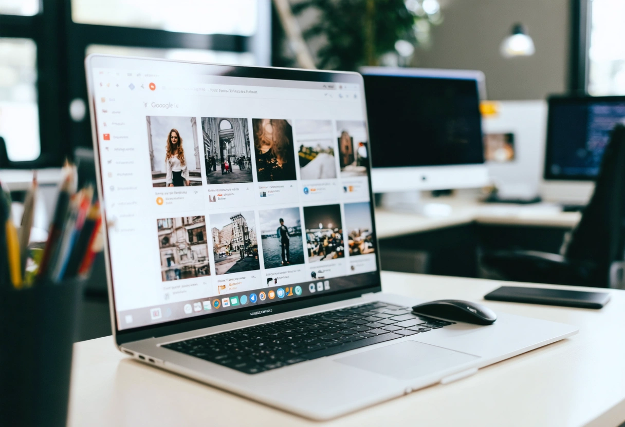 Business owner updating Google Business Profile on desktop in bright, organized office setting.