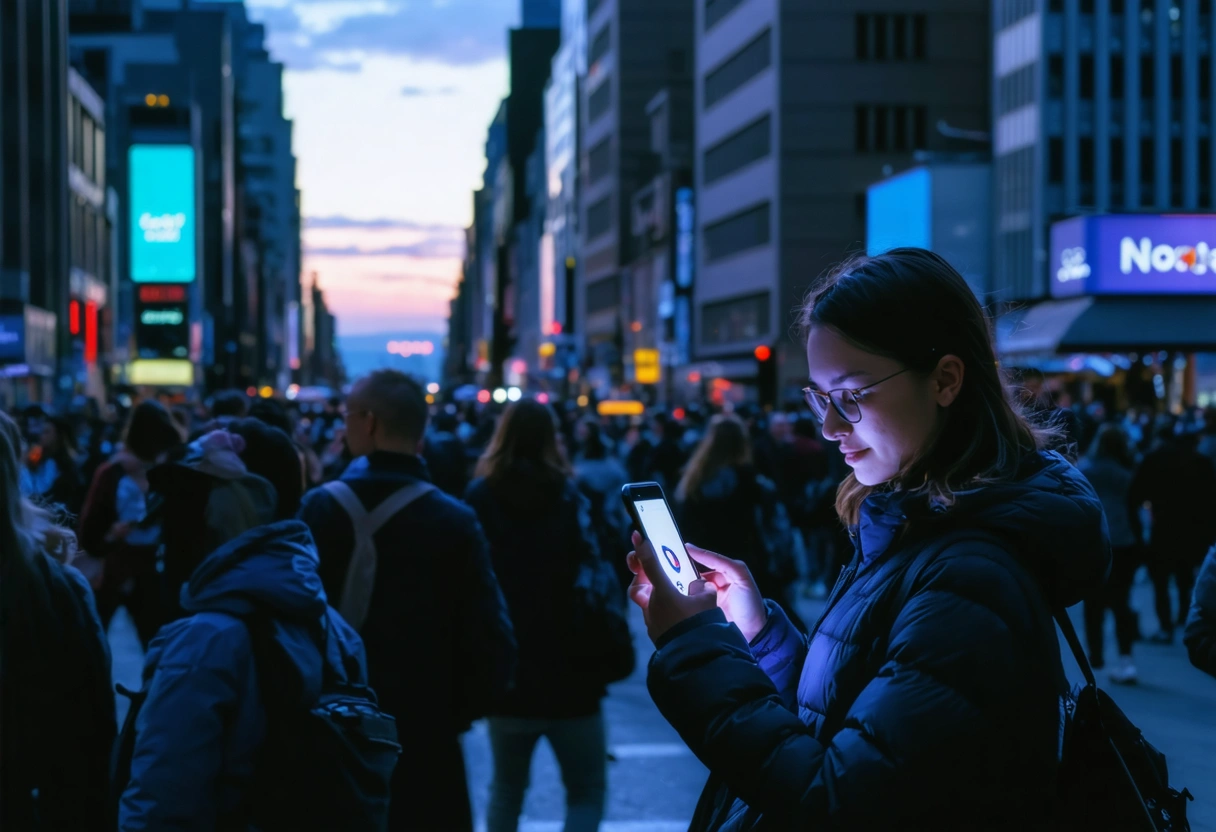 People on a busy city street at dusk using smartphones for navigation and social media